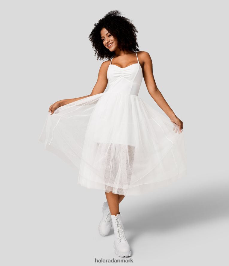 tøj dk Halara Kvinder v-hals rynket rygløs på kryds og tværs snørebånd i kontrast mesh midi casual kjole hvid TH606J1165