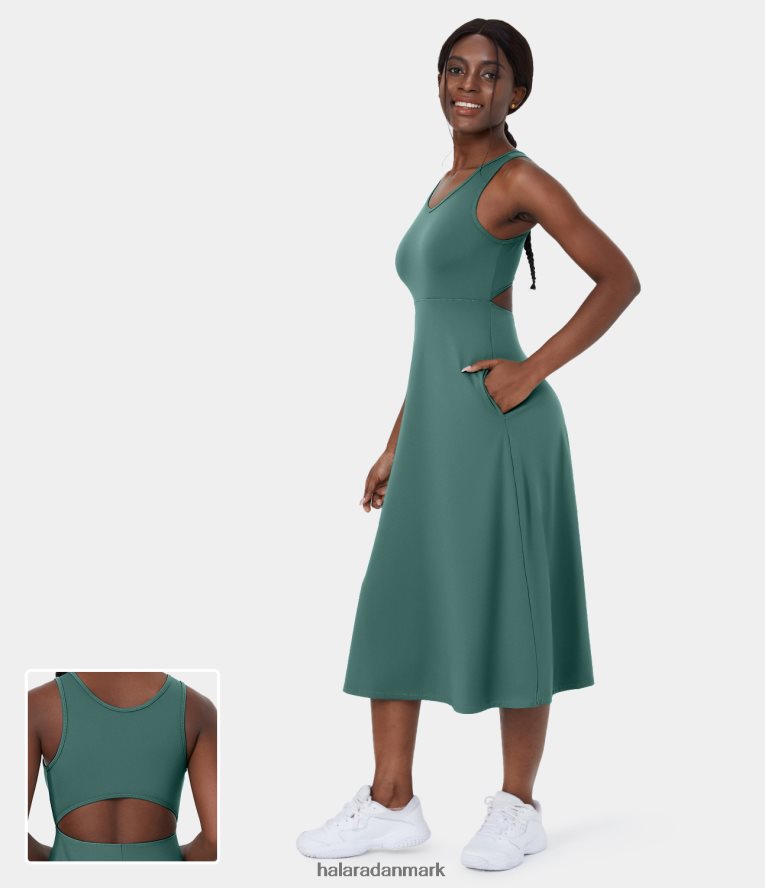 tøj dk Halara Kvinder v-hals sidelomme udskåret midi casual kjole blågran TH606J1181