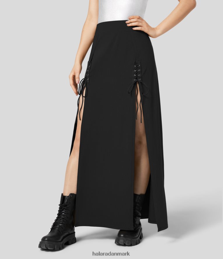 tøj dk Halara Kvinder højtaljede snørebånd split 2-i-1 maxi casual nederdel sort TH606J722