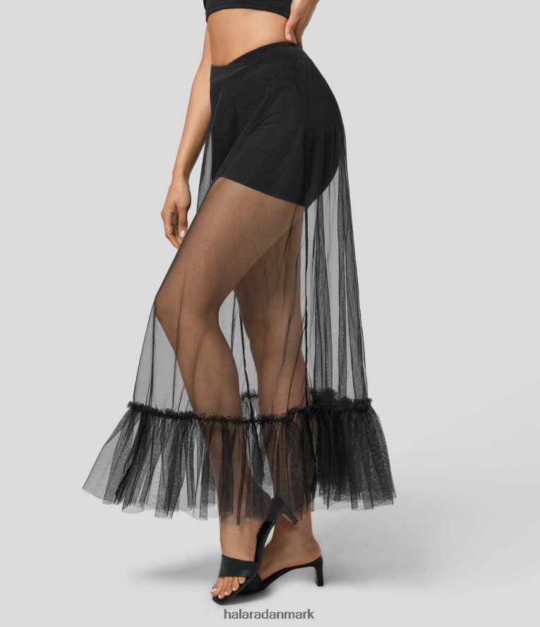 tøj dk Halara Kvinder højtaljet crossover flæsekant 2-i-1 maxi gennemsigtig mesh flydende resortnederdel sort TH606J750
