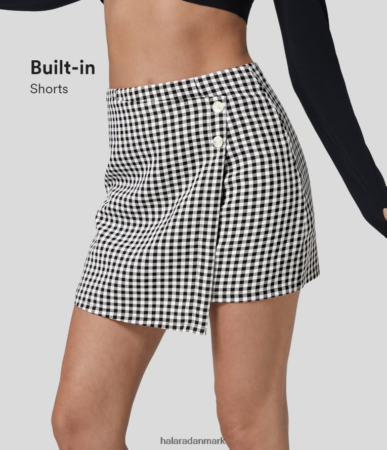 tøj dk Halara Kvinder højtaljet knapomslag usynlig lynlås 2-i-1 gingham a line mini casual nederdel sort hvid gingham TH606J636