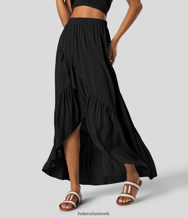 tøj dk Halara Kvinder højtaljet plet høj lav flæsekant flydende maxi resort nederdel sort TH606J720