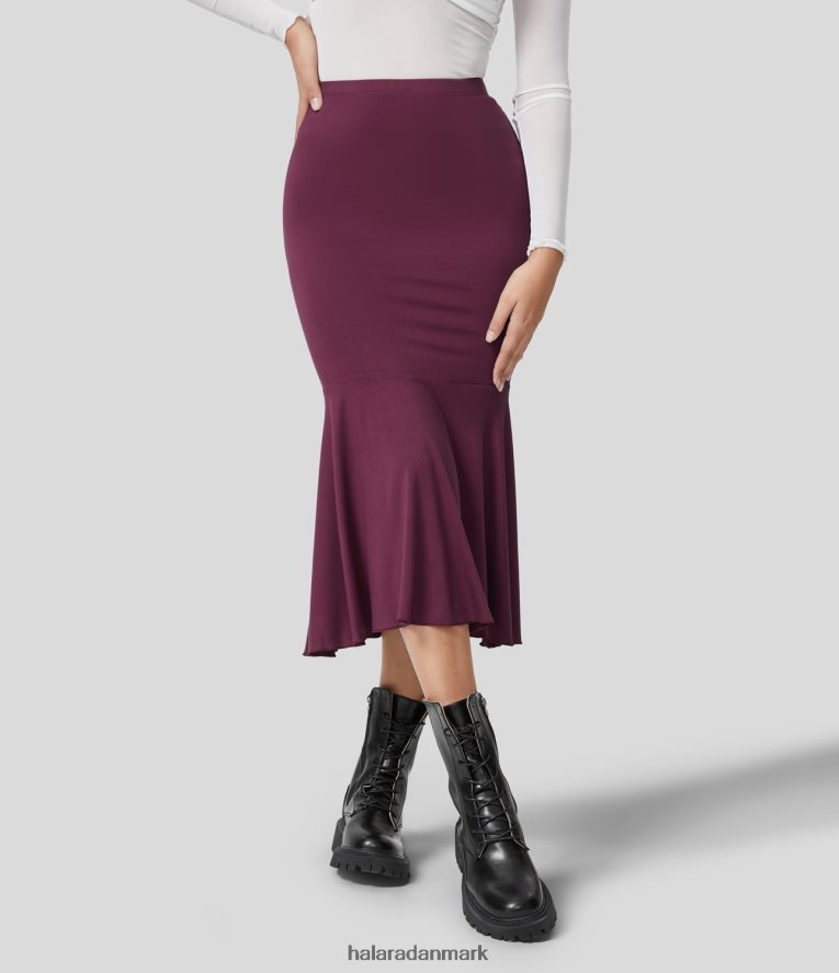 tøj dk Halara Kvinder højtaljet ruched midi casual fishtail nederdel rød violet TH606J710