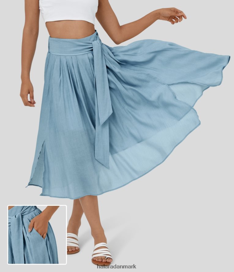 tøj dk Halara Kvinder højtaljet slips foran sidelomme split flare flowy afslappet midi nederdel lyseblå TH606J754