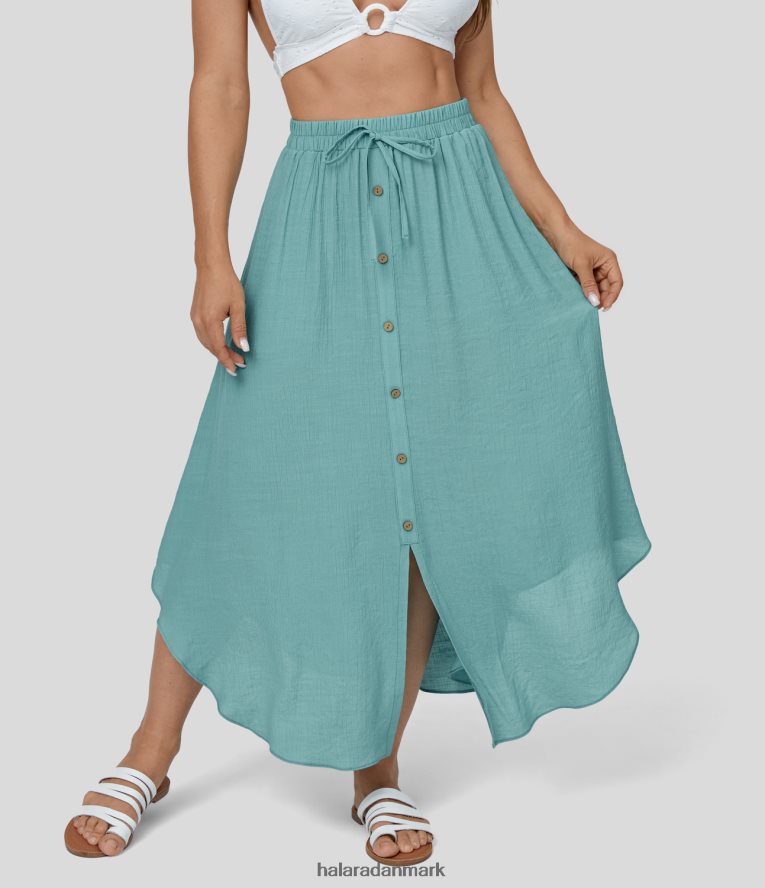 tøj dk Halara Kvinder højtaljet snøre med knap i sidelomme flydende midi casual nederdel nilen blå TH606J702