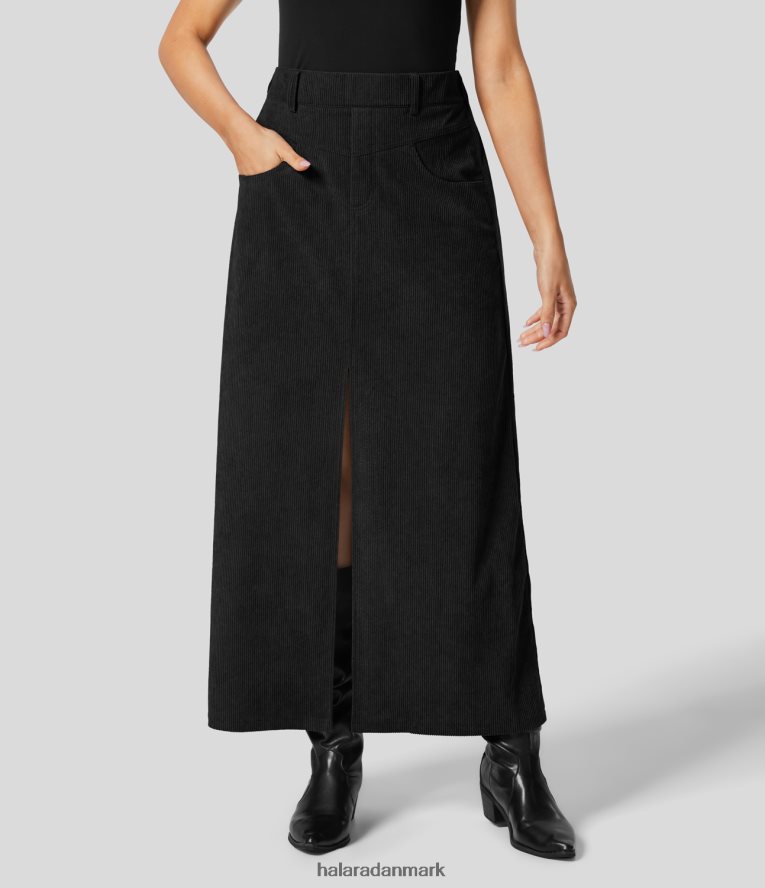 tøj dk Halara Kvinder mellemhøj elastisk linning flere lommer splitsøm maxi fløjls nederdel sort TH606J731