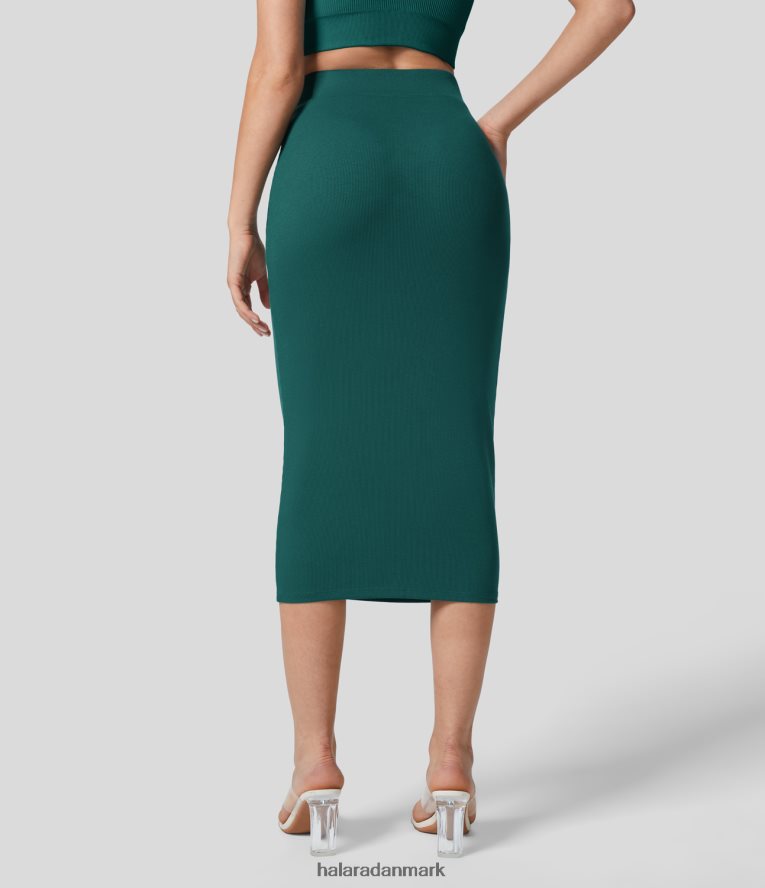 tøj dk Halara Kvinder ribbet højtaljet bodycon midi casual nederdel blågrøn TH606J712