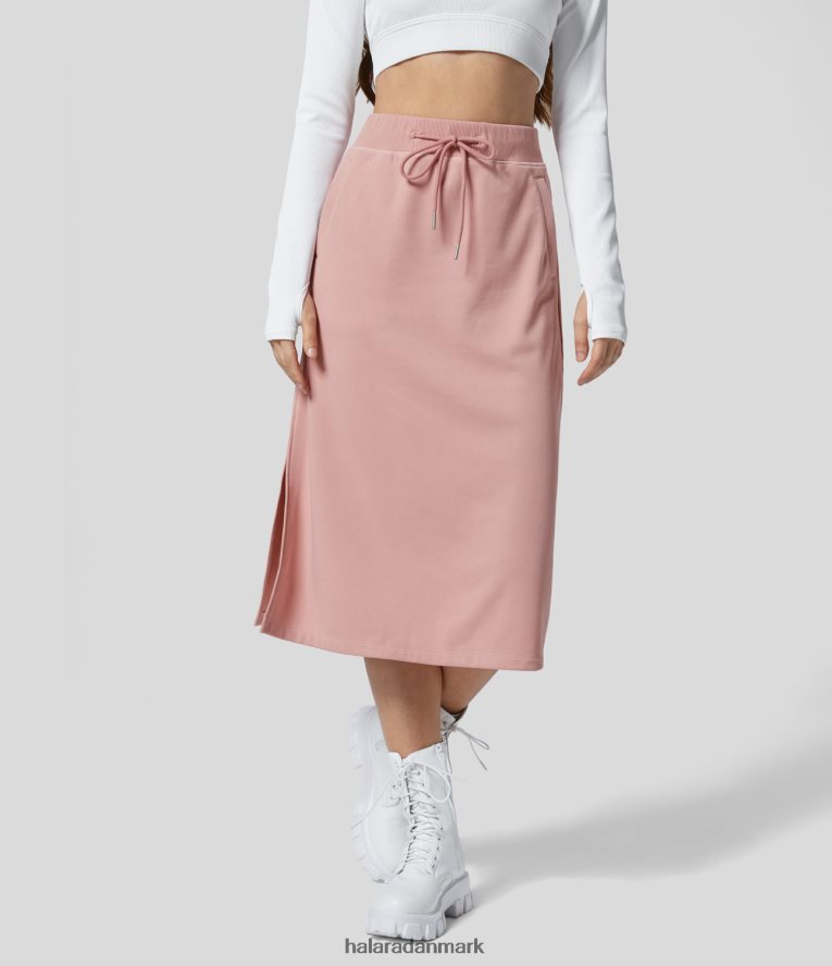 tøj dk Halara Kvinder ribbet højtaljet løbesnor i sidelomme split solid a-line midi casual nederdel blød rose TH606J736