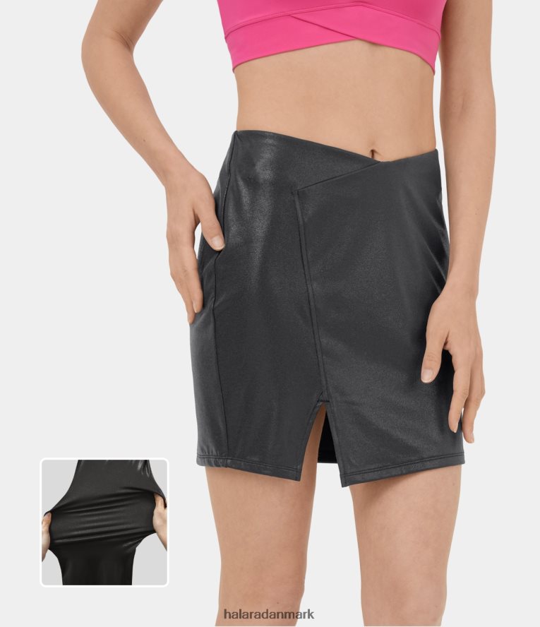 tøj dk Halara Kvinder softlyzero imiteret læder højtaljet crossover split bodycon folie print stretchy mini casual nederdel skinnende skumringssort TH606J681