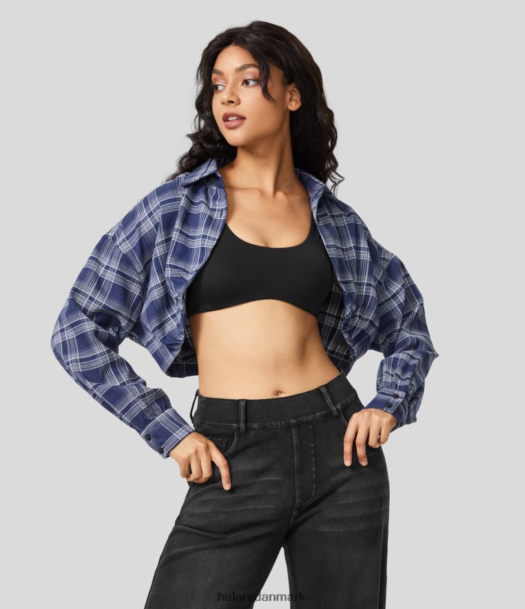 tøj dk Halara Kvinder Langærmet cropped plaid afslappet jakke med krave og knap dyb blå plaid TH606J1953