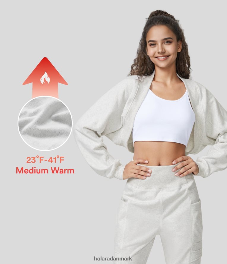 tøj dk Halara Kvinder flagermus ærme beskåret fleece afslappet bomulds skuldertræk bolero te hvid blomst grå TH606J1945