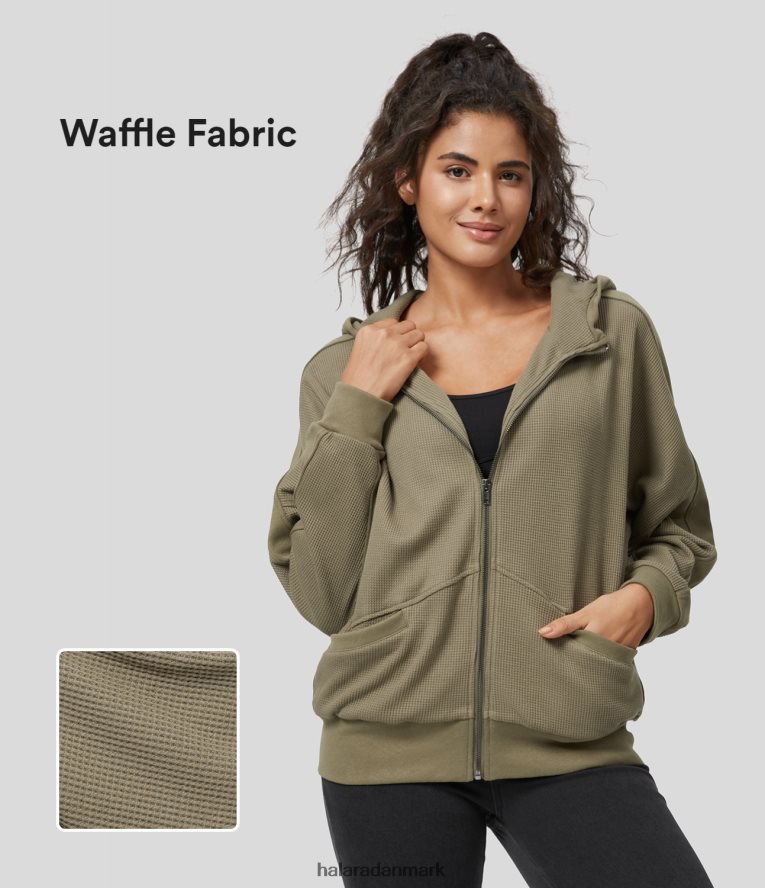tøj dk Halara Kvinder hætte med lynlås faldet skulderlomme vaffel casual jakke dyb drapering grøn TH606J2052