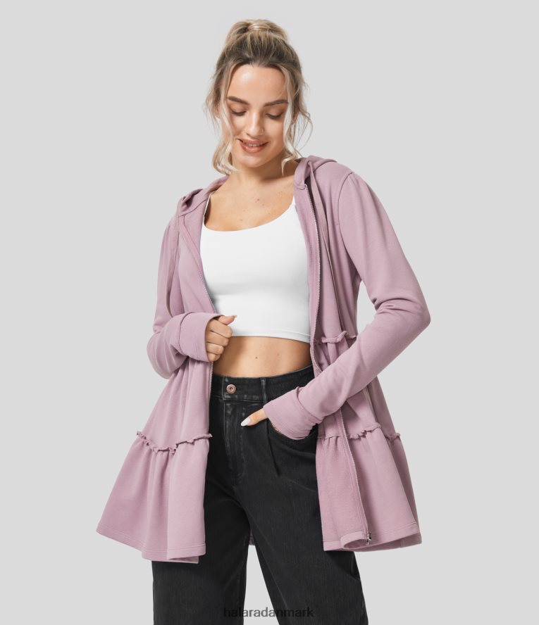 tøj dk Halara Kvinder hætte med snøre i sidelomme med salatbeklædning, afslappet bomuldsjakke pæon viol TH606J2056