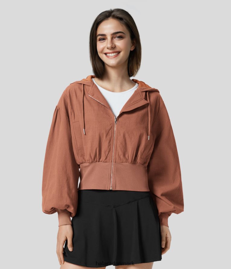 tøj dk Halara Kvinder hætte med snøre og lynlås i sidelomme med ribkant, afskåren afslappet bomuldsjakke rustrød TH606J1970