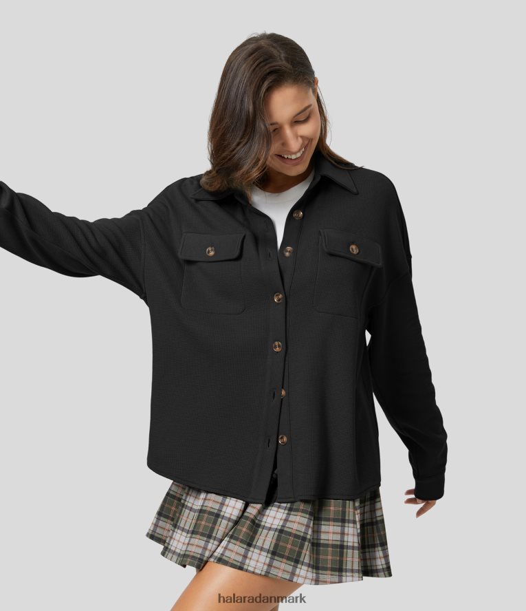 tøj dk Halara Kvinder med krave faldet skulderklaplomme knap buet forneden solid oversize vaffel afslappet jakke sort TH606J2054