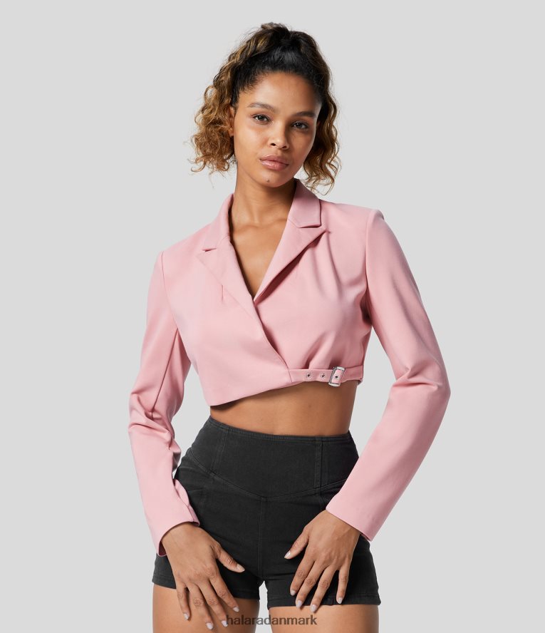 tøj dk Halara Kvinder skulderpuder med indhak i krave, justerbar spænde forneden cropped casual blazer ferskenblomst lyserød TH606J1939