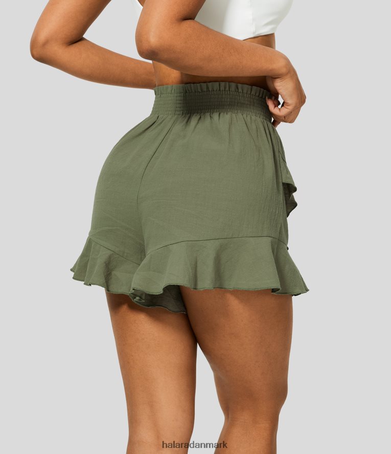 tøj dk Halara Kvinder højtaljede flæser rynket flæse flydende afslappet bomuldsshorts loden grøn TH606J1263