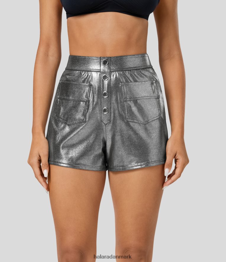 tøj dk Halara Kvinder softlyzero imiteret læder højtaljede dekorative knap med flere lommer metallisk folieprint stretchy afslappede shorts skinnende sort sølv TH606J1539