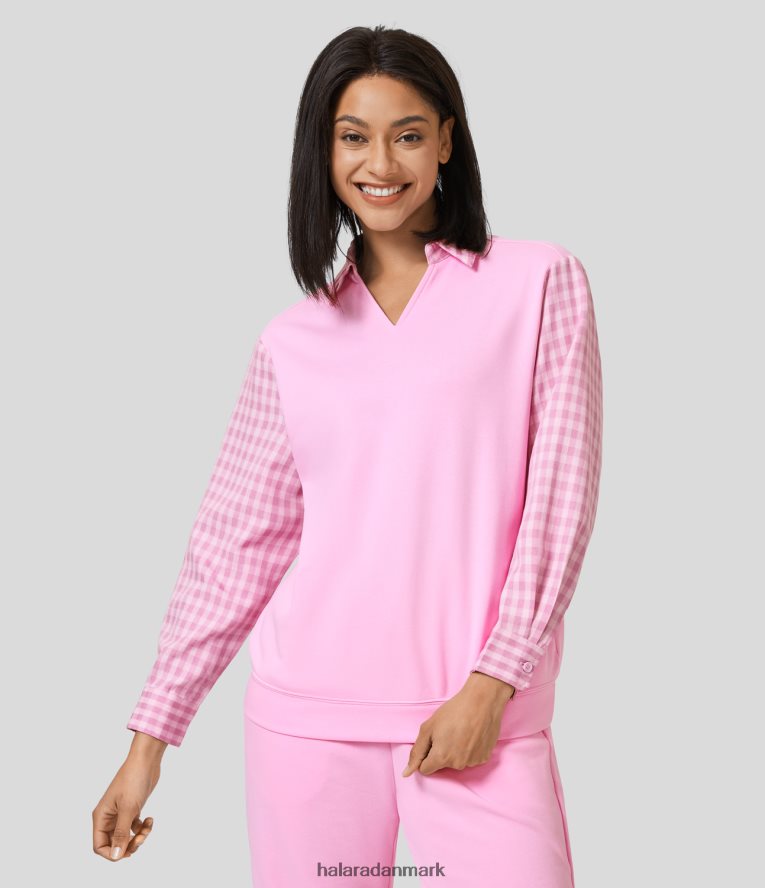 tøj dk Halara Kvinder Langærmet plaid lounge-sweatshirt i bomuld med v-halskrave pink blød frosting TH606J1993