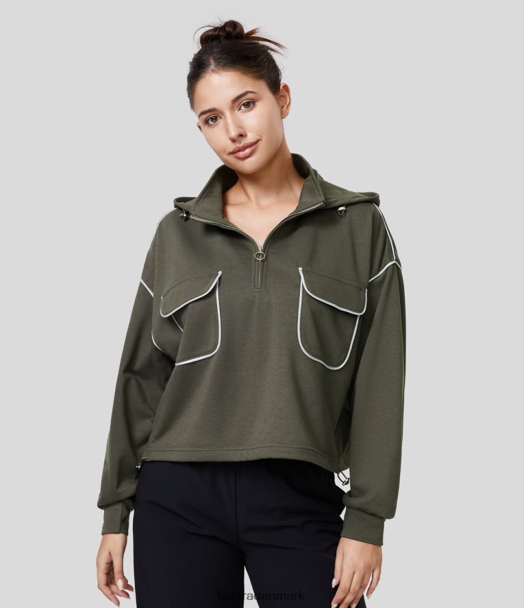 tøj dk Halara Kvinder aftagelig hætte høj krave halv lynlåslomme justerbar snøre afslappet sweatshirt i bomuld vindrueblad TH606J2013