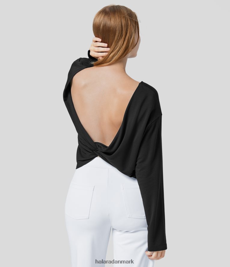 tøj dk Halara Kvinder bådhals langærmet snoet solid afslappet sweatshirt sort TH606J2023