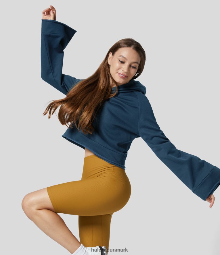 tøj dk Halara Kvinder casual sweatshirt i bomuld med flæseærmer med hætte majolica blå TH606J2024