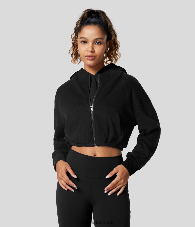 tøj dk Halara Kvinder hætte lynlås sidelomme farve blok cropped afslappet sweatshirt i bomuld sort TH606J1938