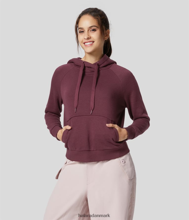 tøj dk Halara Kvinder hætte med snøre kængurulomme afslappet sweatshirt i bomuld rød mahogni TH606J1987