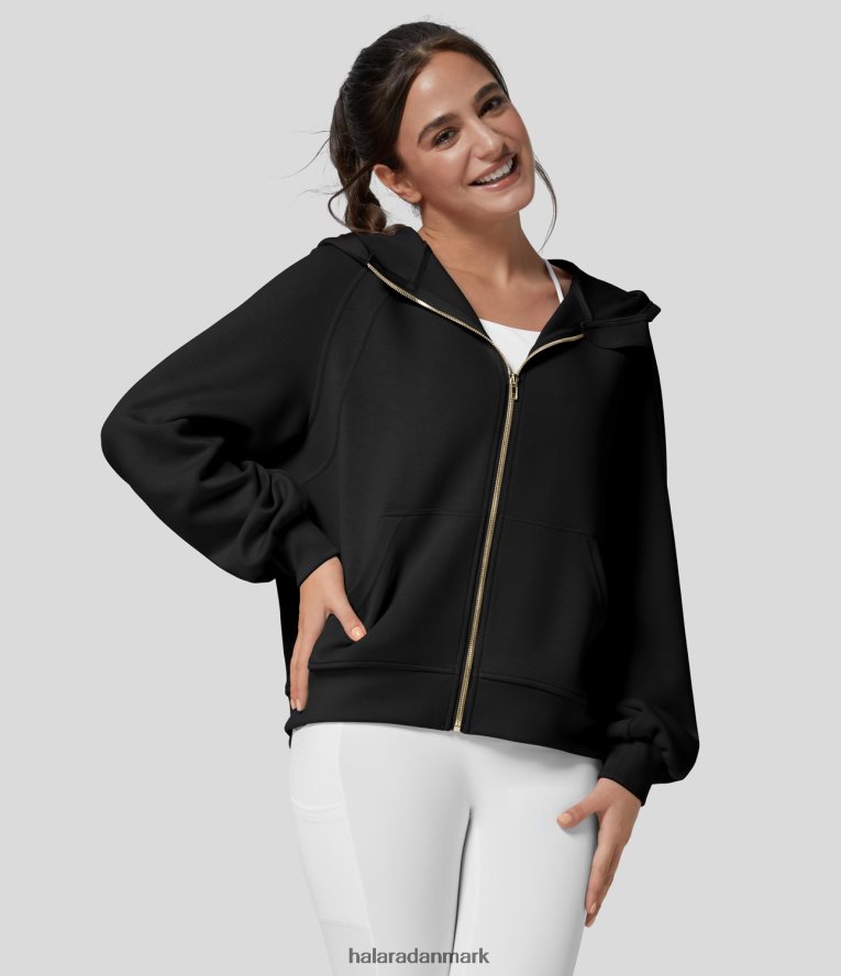 tøj dk Halara Kvinder hætte raglan biskop ærme lynlås kængurulomme afslappet sweatshirt sort TH606J2004