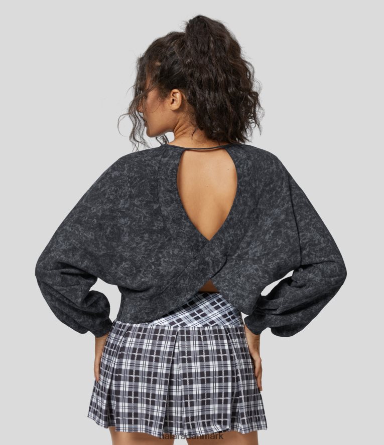 tøj dk Halara Kvinder langærmet, rygfri udskåret crossover søm, vasket afslappet sweatshirt i bomuld mørk røg grå TH606J2018