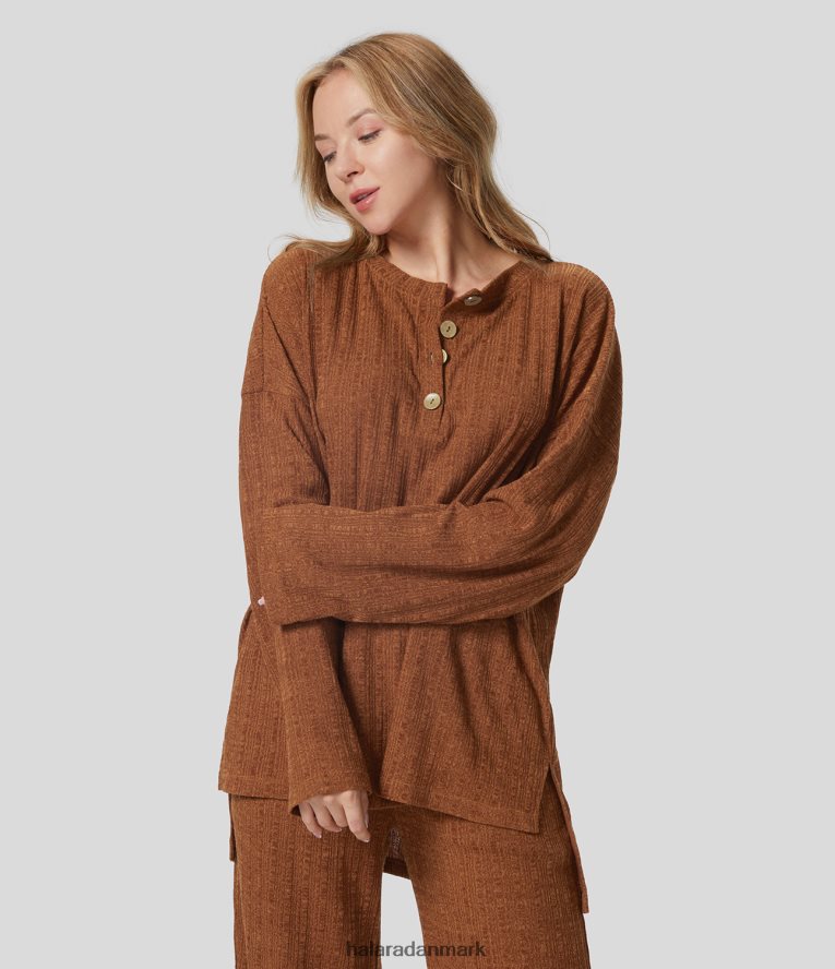 tøj dk Halara Kvinder ribbet henley-hals høj lav splitsøm oversize afslappet sweatshirt te rødt blomstergarn TH606J1998