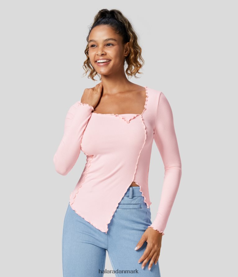 tøj dk Halara Kvinder ribstrikket firkantet hals salatkant asymmetrisk kant slim afslappet top rose dis pink TH606J2003