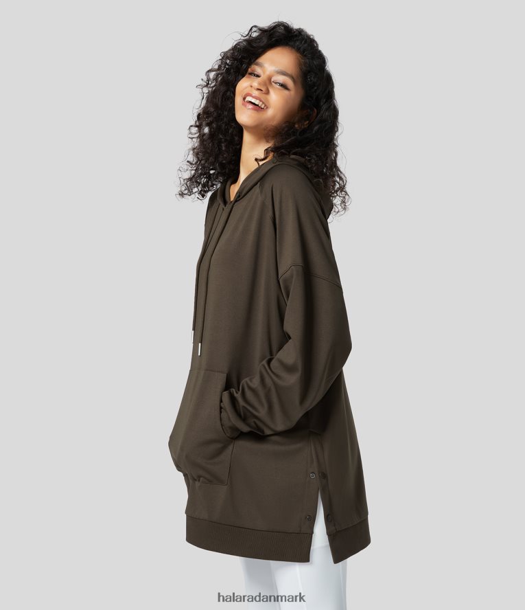 tøj dk Halara Kvinder ribstrikket hætte med snøre raglanærmer kængurulomme split trykknapper oversize afslappet sweatshirt lækkert TH606J2012