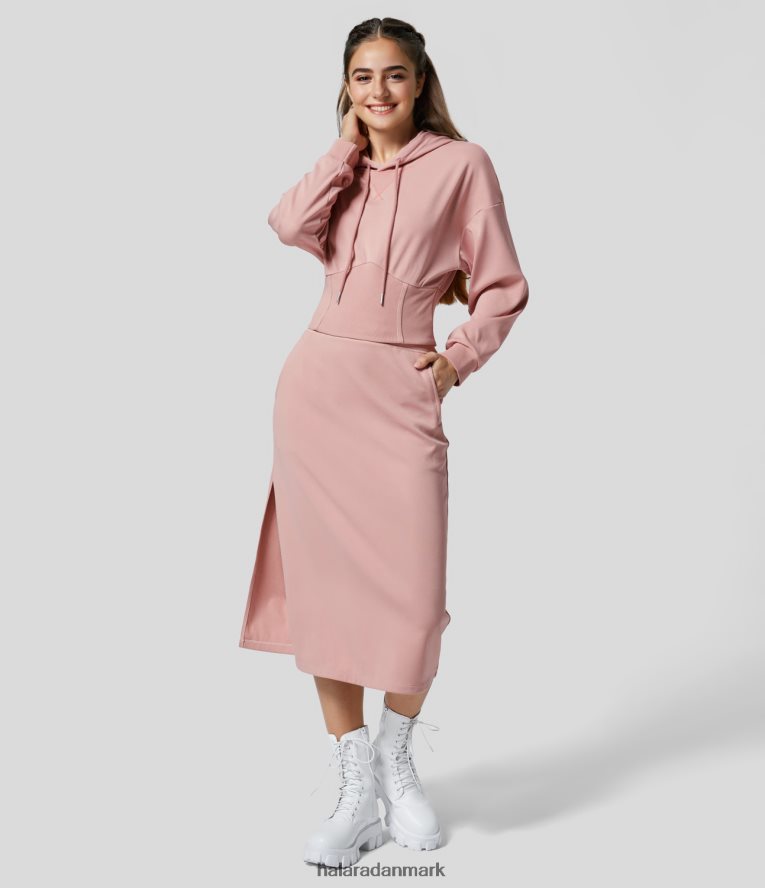 tøj dk Halara Kvinder ribstrikket hætte med snoretræk, korset afslappet sweatshirt blød rose TH606J2001