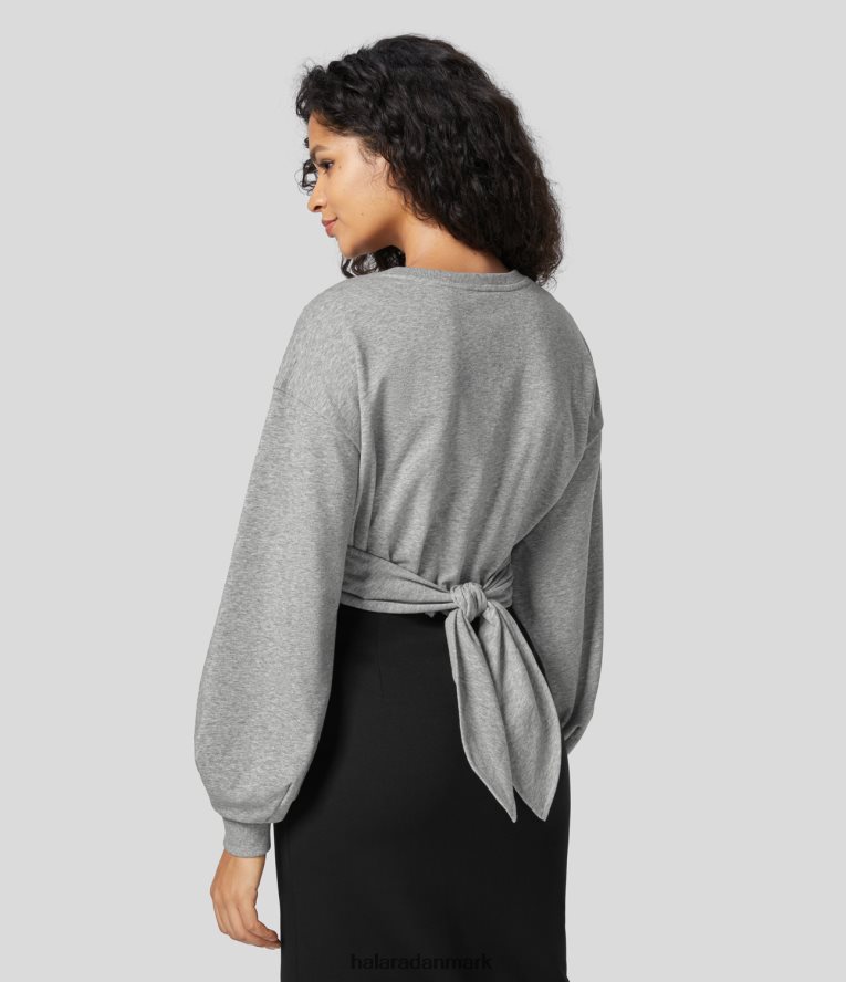 tøj dk Halara Kvinder rund hals biskop ærme crossover binde tilbage afslappet bomuld sweatshirt tåge grå TH606J2020
