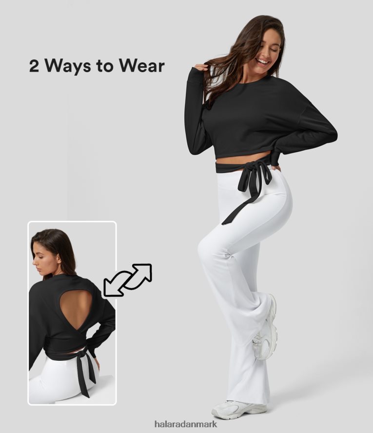 tøj dk Halara Kvinder rund hals langærmet rygløs crossover slips side afslappet sweatshirt i bomuld stjerne synker sort TH606J2000