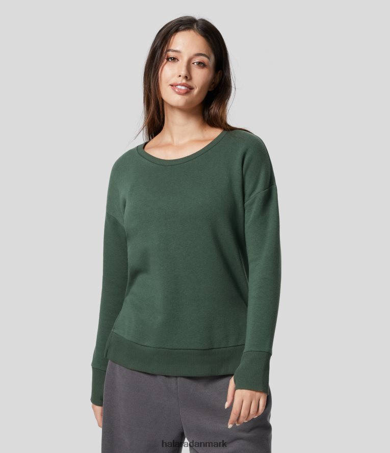 tøj dk Halara Kvinder rund hals tommelfingerhul høj lav splitsøm afslappet sweatshirt i bomuld mørk rogrøn TH606J1988