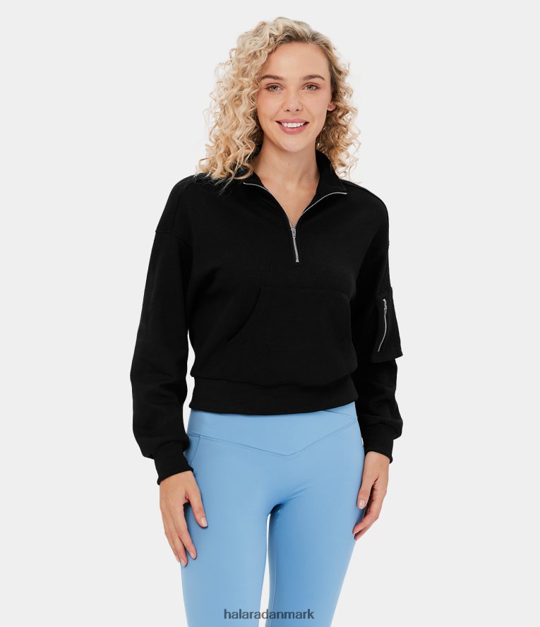 tøj dk Halara Kvinder stå krave halv lynlås faldet skulder kængurulomme vaffel afslappet bomulds sweatshirt sort TH606J2009
