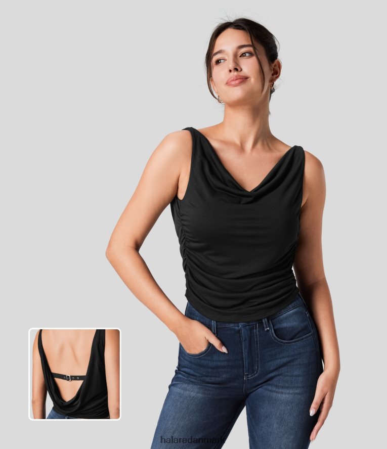 tøj dk Halara Kvinder cowl neck rygløst justerbart spænde ruched afslappet tanktop sort TH606J1631