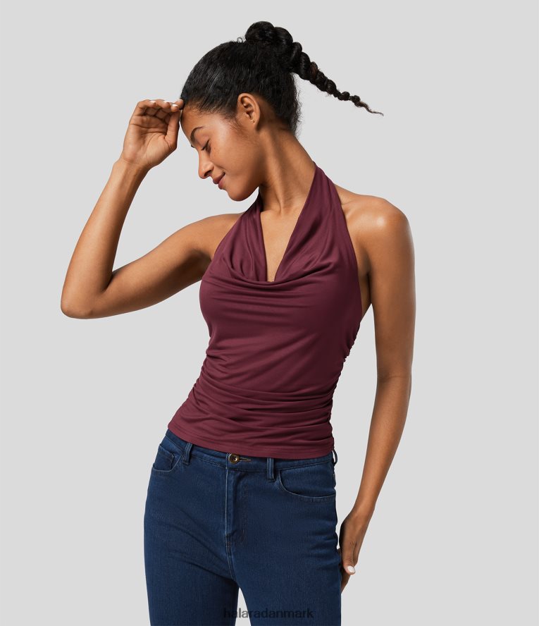 tøj dk Halara Kvinder grime cowl neck rygfri ruched afslappet tanktop ny rødbrun TH606J1624