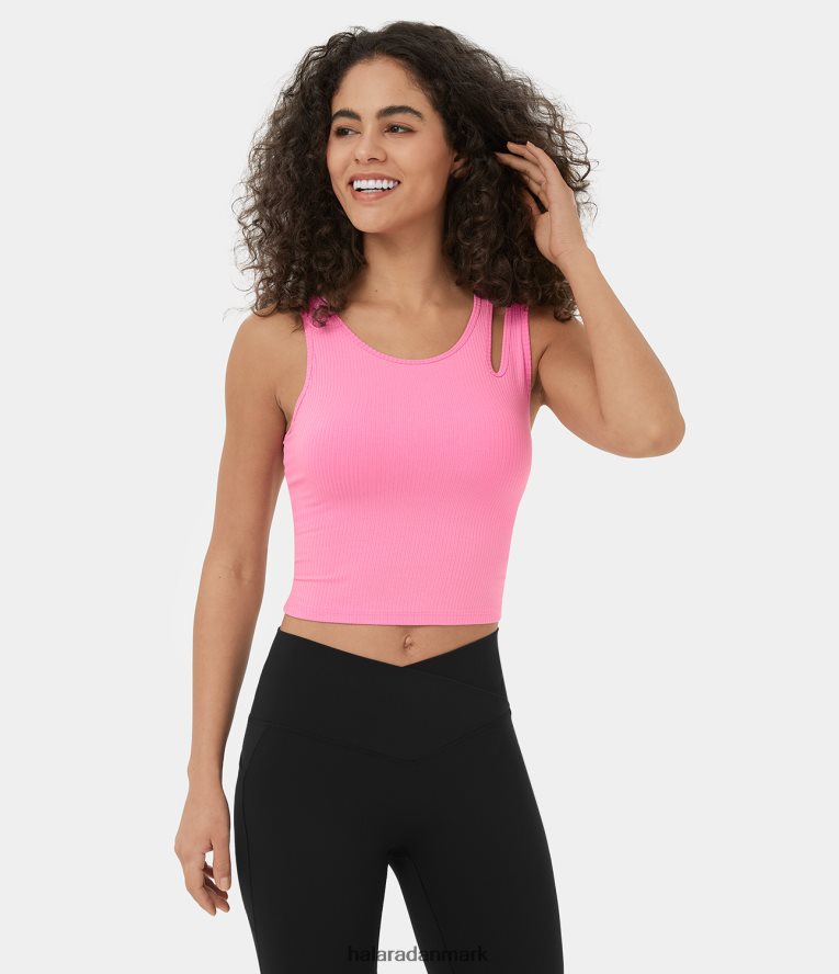 tøj dk Halara Kvinder ribbet strik asymmetrisk udskåret cropped yoga tanktop prisme pink TH606J1640