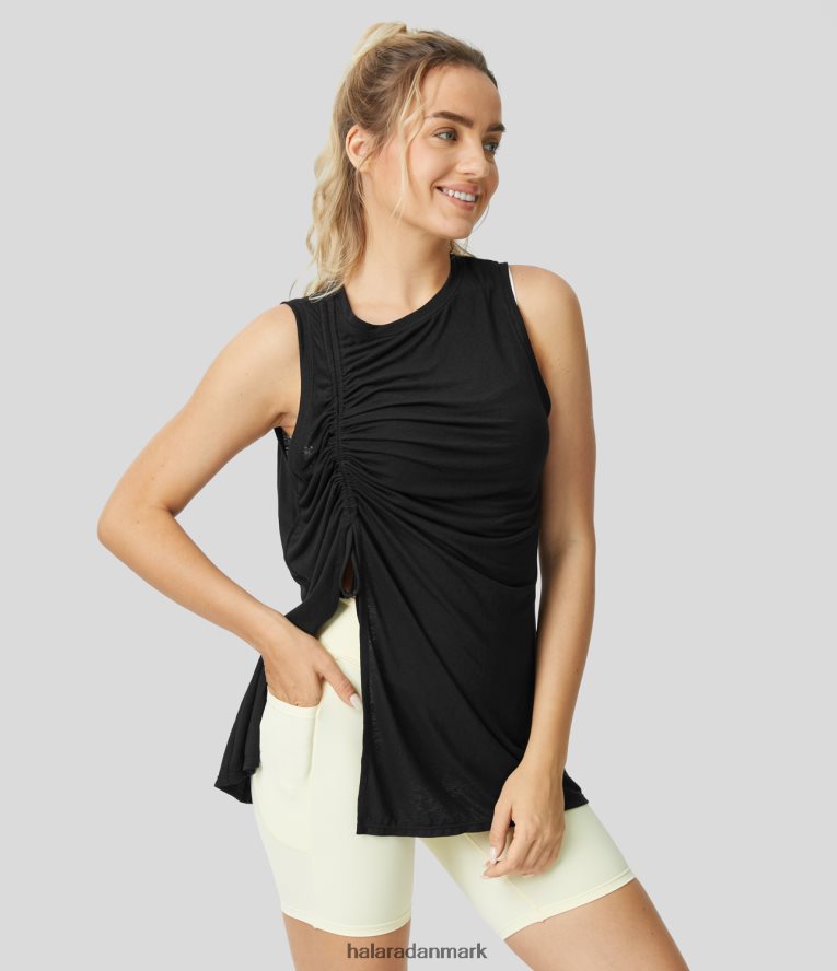 tøj dk Halara Kvinder rund hals løbesnor ruched split søm almindelig jacquard afslappet tanktop sort TH606J1668