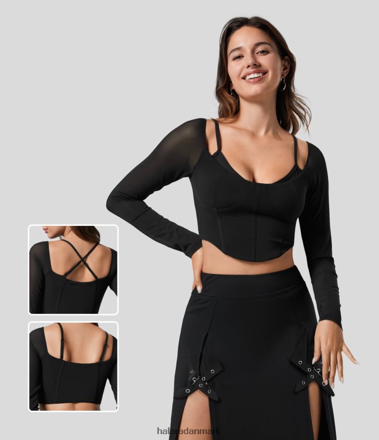 tøj dk Halara Kvinder gennemsigtig, justerbar strop, langærmet, langærmet mesh-korset afkortet afslappet top uden ryg sort TH606J1973