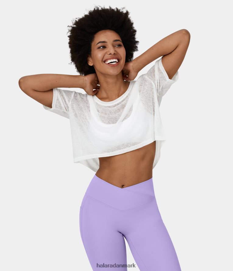 tøj dk Halara Kvinder kortærmet cropped gennemsigtig afslappet top hvid TH606J1957