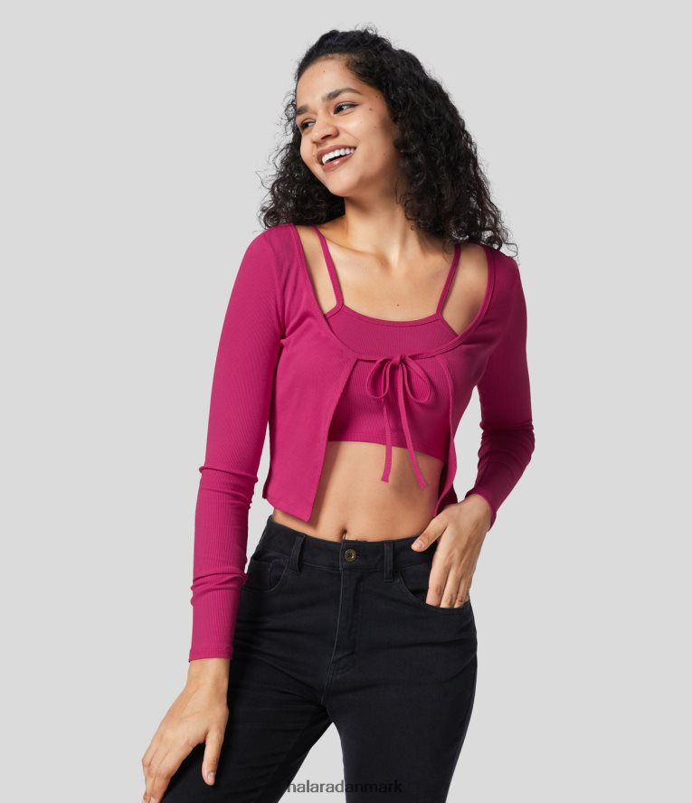 tøj dk Halara Kvinder ribbet 2-delt cropped casual top lyserød påfugl TH606J1946