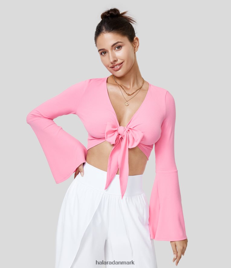 tøj dk Halara Kvinder ribstrikket v-udskæring foran flare langærmet cropped casual top koral pink TH606J1978