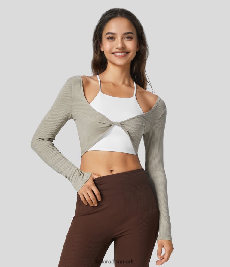tøj dk Halara Kvinder snoet langærmet cropped casual top pelikan TH606J1956