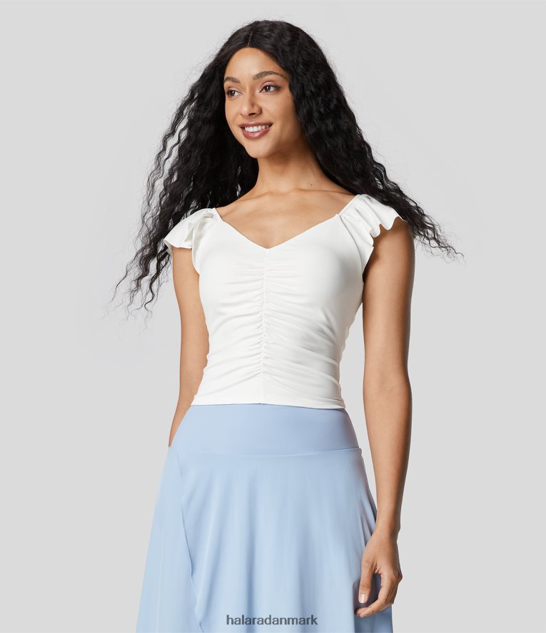 tøj dk Halara Kvinder v-hals, rynket flæse med kort ærmet cropped afslappet top uden ryg hvid TH606J1944